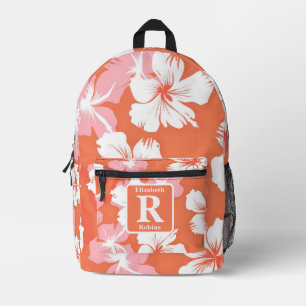 Tropical peach hibiscus personalised Monogram  Printed Backpack