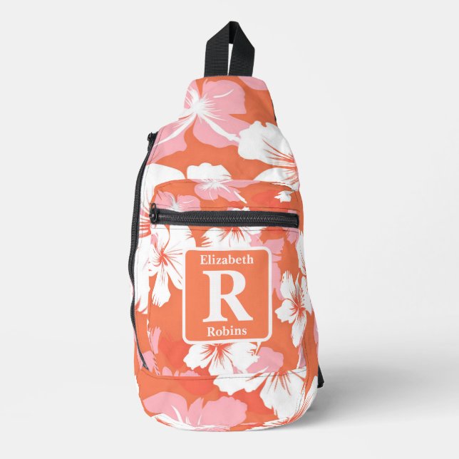 Tropical peach hibiscus personalised Monogram  Sling Bag (Front)