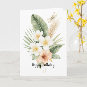 Tropical Peach Hibiscus Plumeria Birthday Card
