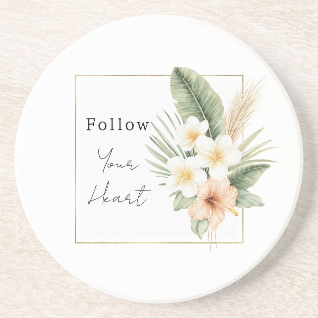 Tropical Peach White Floral   Coaster (Front)