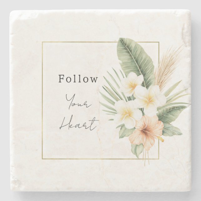 Tropical Peach White Floral   Stone Coaster (Front)