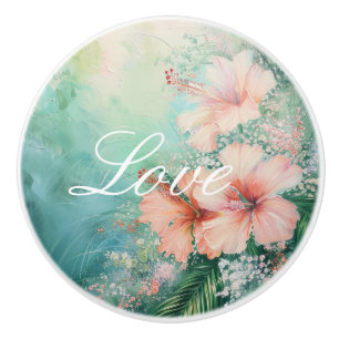 Tropical Peach White Hibiscus Floral Love Ceramic Knob