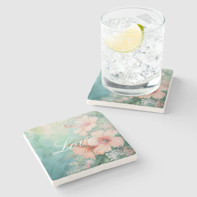 Tropical Peach White Hibiscus Floral Love Stone Coaster (Side)