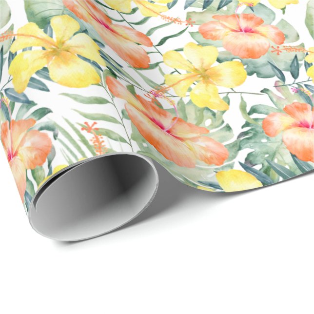 Tropical Peach Yellow Hibiscus Flowers Wrapping Paper (Roll Corner)