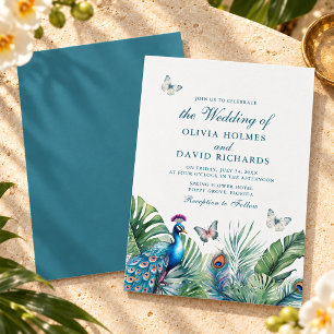 Tropical Peacock Feathers Butterflies Wedding Invitation