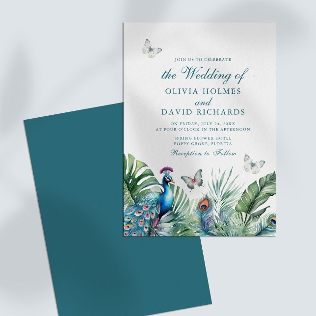 Tropical Peacock Feathers Butterflies Wedding Invitation (Tropical Peacock Feathers Butterflies Wedding Invitation on a white table.)