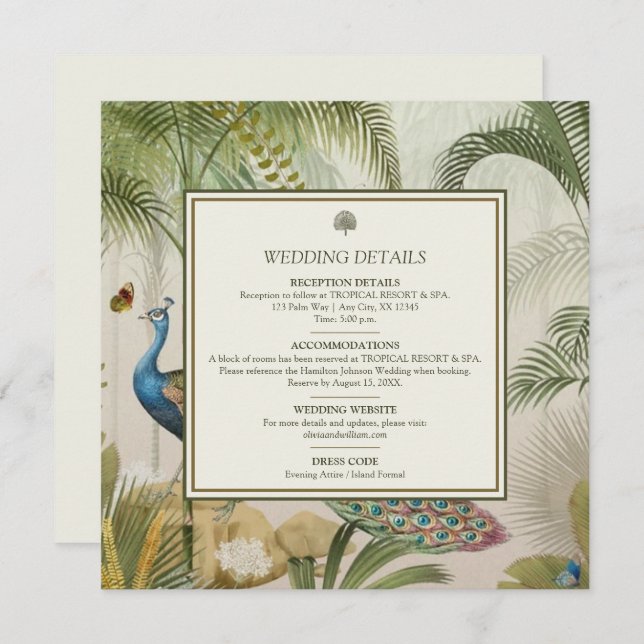 Tropical Peacock Palm Wedding Details Card (Front/Back)