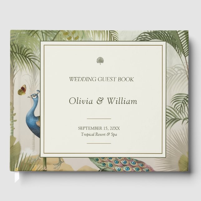 Tropical Peacock Palm Wedding Guest Book (Front)