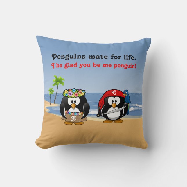 Tropical Penguins Couple Hula Pirate Island Beach Cushion (Front)