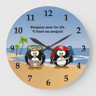Tropical Penguins Couple Hula Pirate Island Beach Large Clock