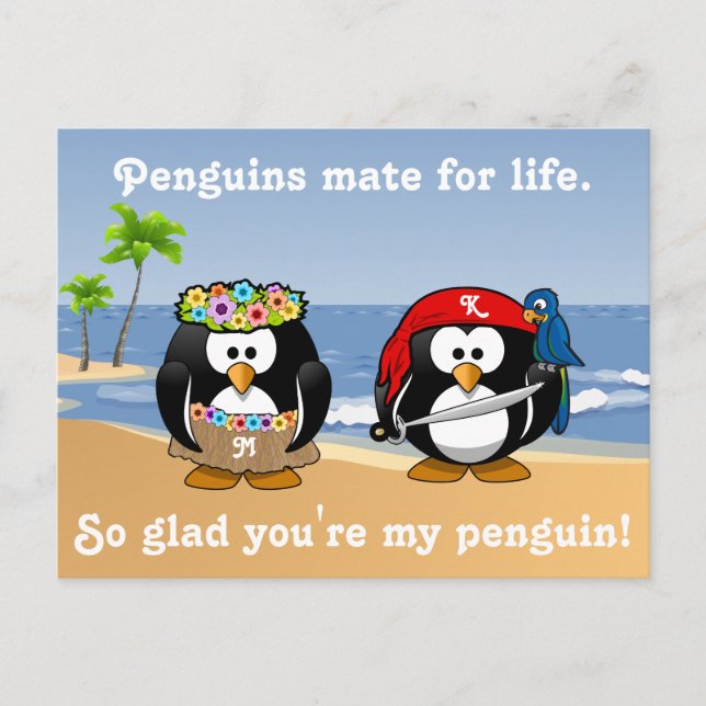 Tropical Penguins Couple Hula Pirate Island Beach Postcard (Front)