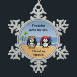 Tropical Penguins Couple Hula Pirate Island Beach Snowflake Pewter Christmas Ornament<br><div class="desc">For the tropical island-loving couple! A cute pirate penguin with red bandanna, sword and parrot is with a pretty hula penguin in grass skirt and colourful flowers. They are on a beautiful beach. Waves lap onto shore while coconut trees dance in the ocean breeze. Customise the penguin bandanna and skirt...</div>