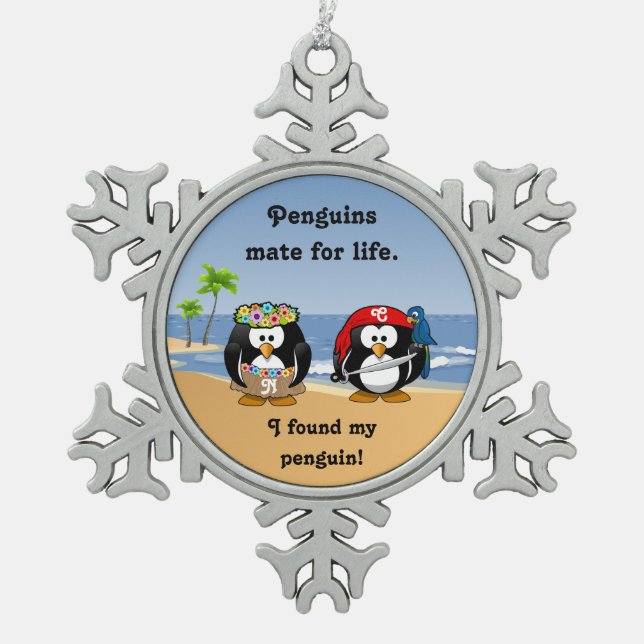 Tropical Penguins Couple Hula Pirate Island Beach Snowflake Pewter Christmas Ornament (Front)