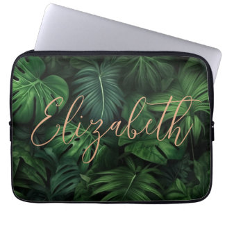 Tropical Personalised Monstera Gold Script Name Laptop Sleeve