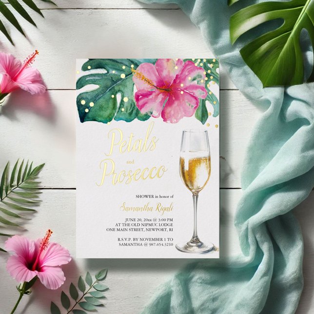Tropical Petals and Prosecco Bridal Shower (bridal shower invitations tropical pink flowers gold foil brunch invitations)