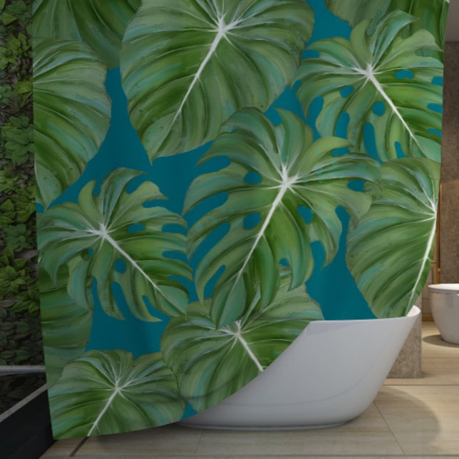 Tropical Philodendron Elephant Ear Peacock Blue Shower Curtain (Creator Uploaded)