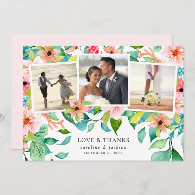 Tropical Photo Collage Wedding Thank You Card (Front/Back)