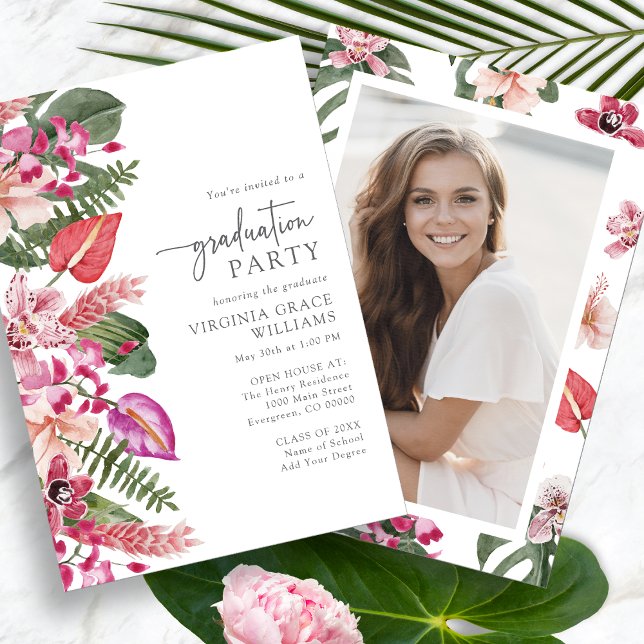 Tropical Photo Graduation Invitation (Tropical Floral Photo Graduation Party Invitation by Painted Paperie
)