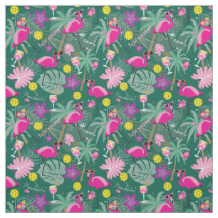 Tropical Pickleball with flamingos, green Fabric