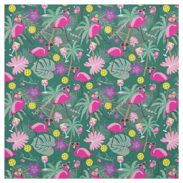 Tropical Pickleball with flamingos, green Fabric (Swatch)