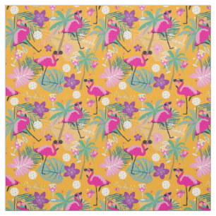 Tropical Pickleball with flamingos, yellow Fabric