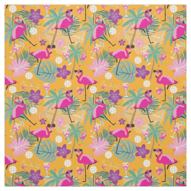 Tropical Pickleball with flamingos, yellow Fabric (Swatch)