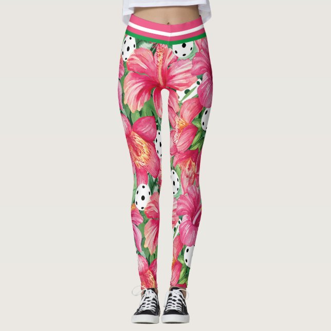 🌺🌴Tropical pickleball with hibiscus small print Leggings (Front)