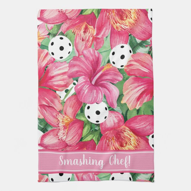 🌺🌴Tropical pickleball with hibiscus, with text  Tea Towel (Vertical)