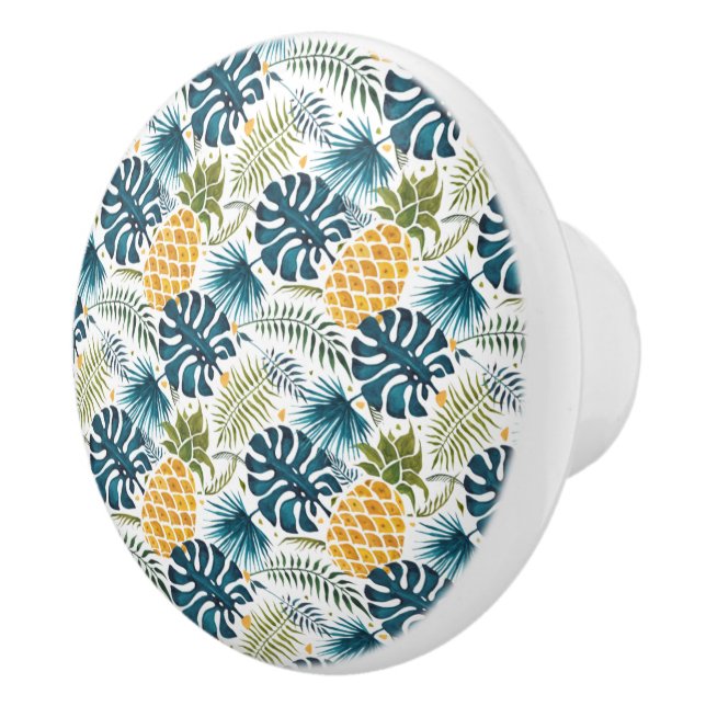 Tropical pinapples blue palm tree leaves white ceramic knob (Right)