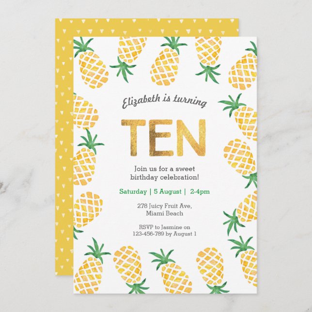 Tropical pineapple 10th Birthday Invitation (Front/Back)