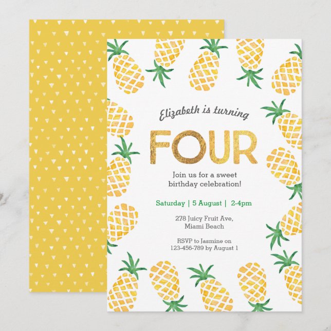 Tropical pineapple 4th Birthday Invitation (Front/Back)