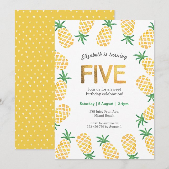 Tropical pineapple 5th Birthday Invitation (Front/Back)