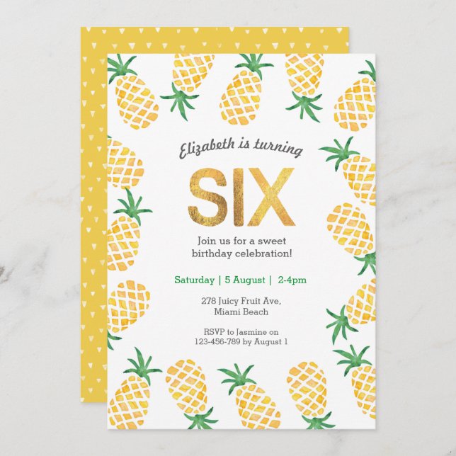 Tropical pineapple 6th Birthday Invitation (Front/Back)