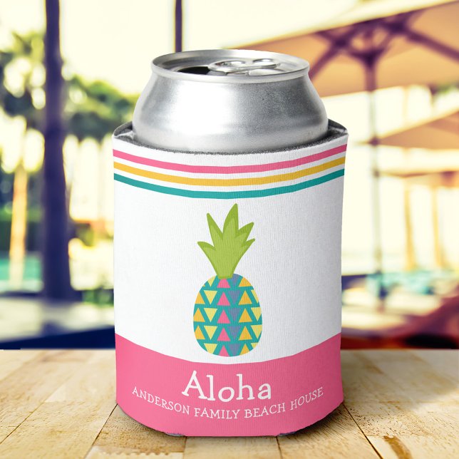 Tropical Pineapple Aloha Beach House Luau Pink Can Cooler (Creator Uploaded)