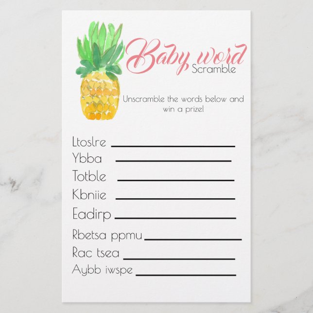 Tropical pineapple baby shower game word scramble flyer (Front)