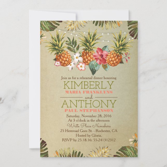 tropical pineapple beach lights rehearsal dinner invitation (Front)