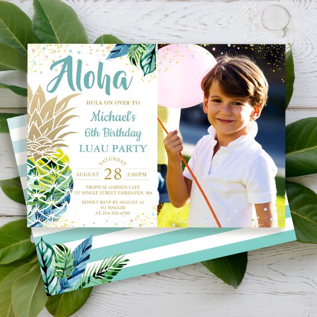 Tropical Pineapple Beach Luau Birthday Photo Invitation (Creator Uploaded)