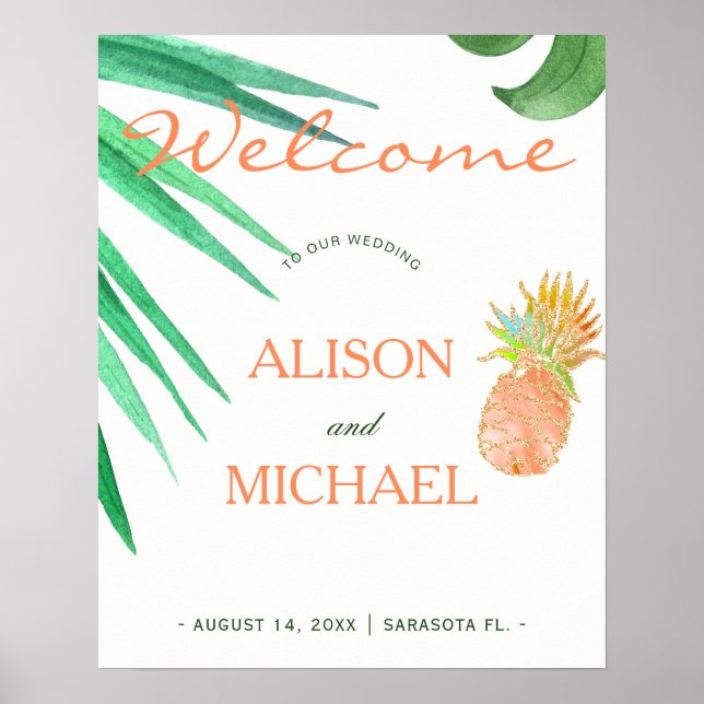 Tropical pineapple beach peachy green wedding sign (Front)