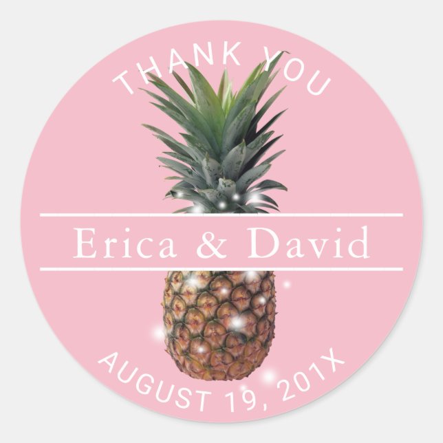 Tropical Pineapple Beach Wedding Pink Thank You Classic Round Sticker (Front)