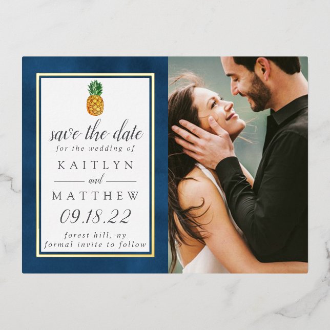 Tropical Pineapple Beach Wedding Save The Date Foil Invitation Postcard (Front)