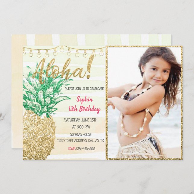 Tropical Pineapple Birthday Invitation With Photo (Front/Back)