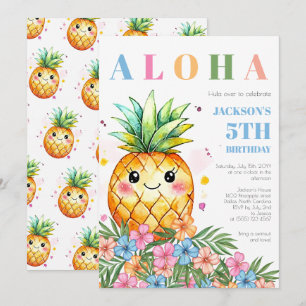 Tropical Pineapple Blue Aloha Kids Birthday Party Invitation