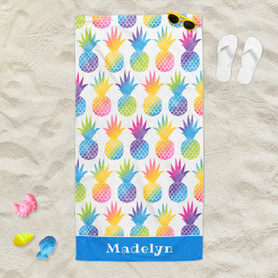 Tropical Pineapple Blue Monogram Name Beach Towel