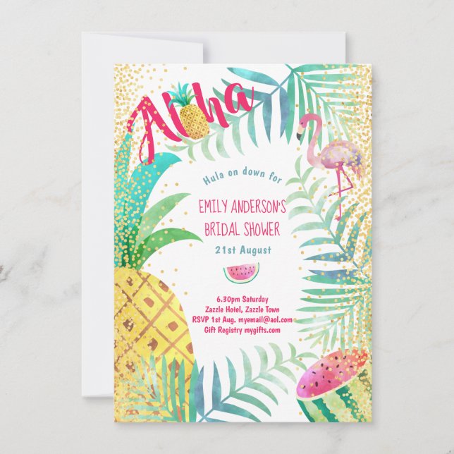 Tropical Pineapple Bridal Shower  Invites Flamingo (Front)