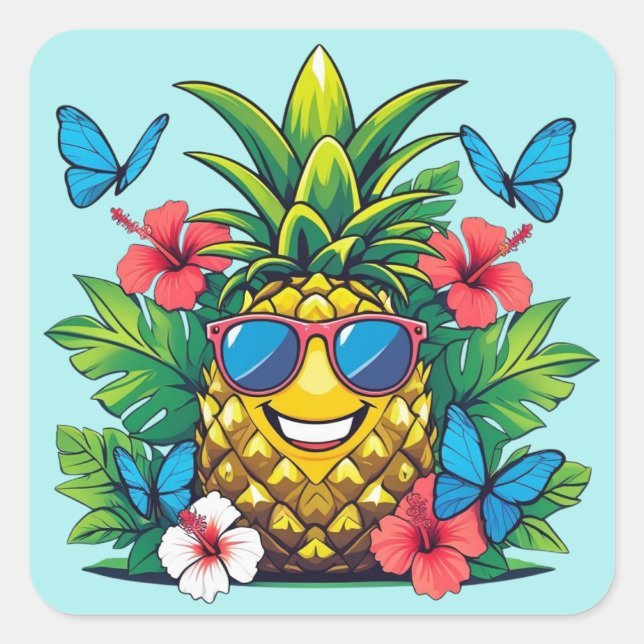 Tropical Pineapple Butterfly Square Sticker (Front)
