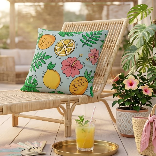 Tropical Pineapple Citrus Hibiscus Fruit Pattern Cushion (Creator Uploaded)