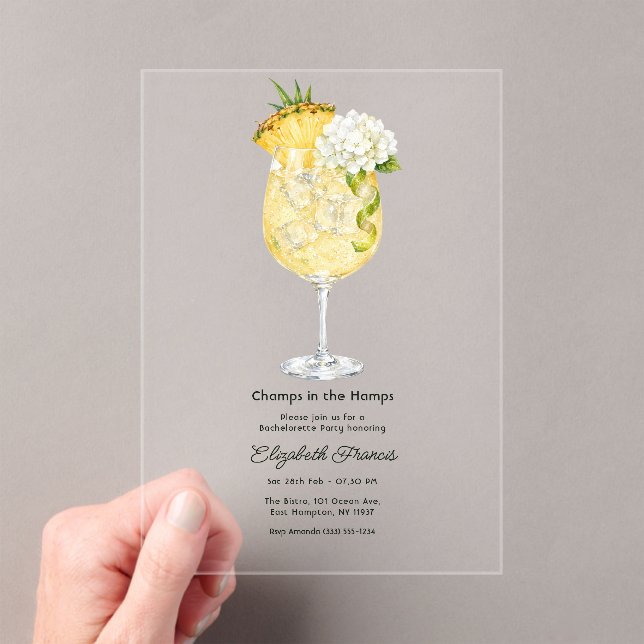 Tropical Pineapple Cocktail Hamptons Bachelorette Acrylic Invitations (Insitu (Handheld))
