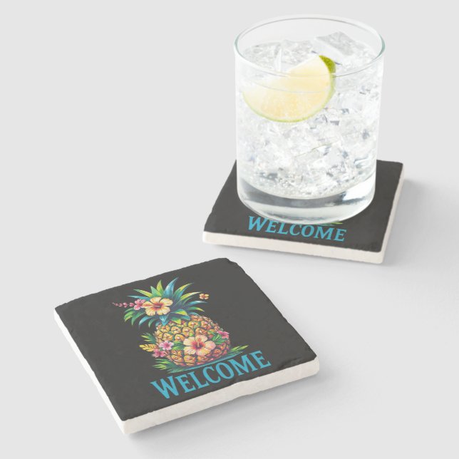 Tropical Pineapple Cocktail Napkin Welcome Stone Coaster (Side)