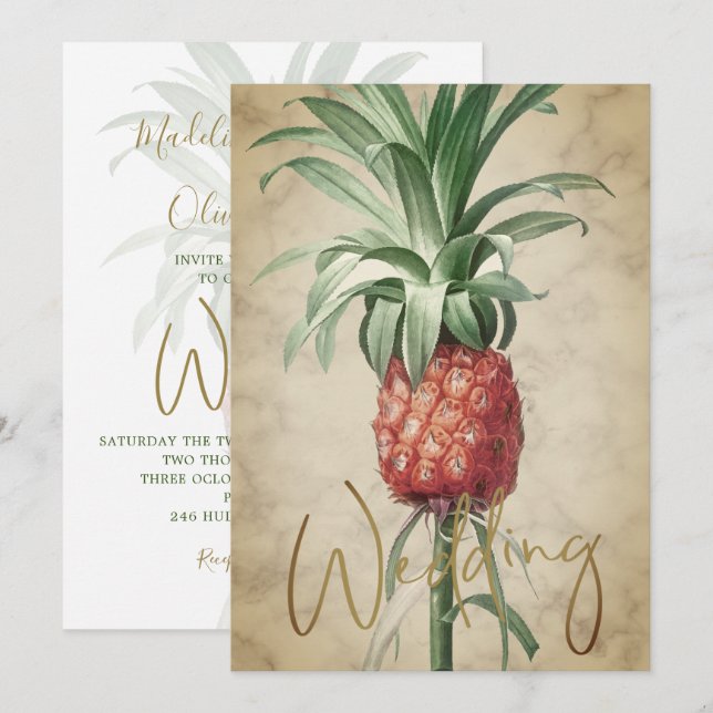 Tropical Pineapple Elegant Modern Gold Wedding Invitation (Front/Back)
