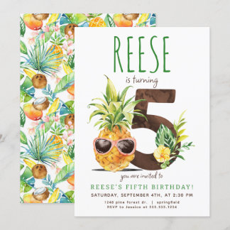 Tropical Pineapple Fifth Birthday Invitation